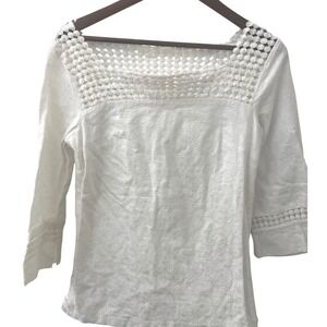 Lilly Pulitzer White Square Neck Crochet Trim 3/4 Sleeve Top Shirt Size 4 Resort
